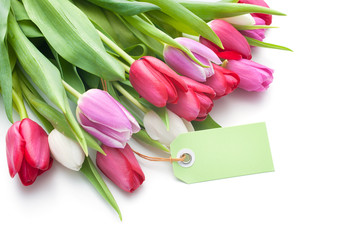 fresh tulips and tag with copy space