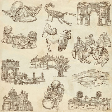 ALGERIA. Collection of hand drawn illustrations on paper