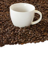 Kaffeetasse steht zwischen vielen Kaffeebohnen