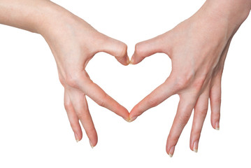 Women making a heart sign with hands isolated on white