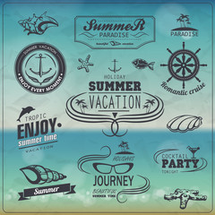 Set of Vintage summer typography design with labels, icons eleme