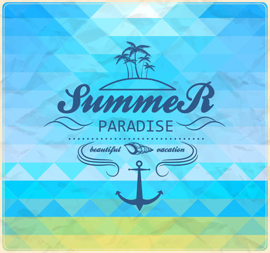 Seaside view poster. Vector summer  geometric mosaic background.