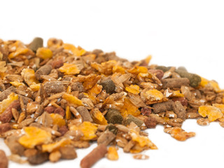 sportive muesli  with herbs background for horse . close up