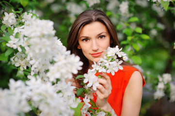 Naklejka premium Portrait of brunette girl on a background of flowering trees