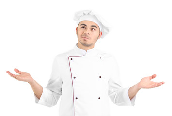 Professional chef in white uniform and hat, isolated on white