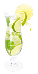 Glass of cocktail with lime and mint isolated on white