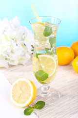 Glass of cocktail with lemon and mint