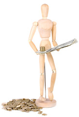 Wooden small mannequin with money isolated on white