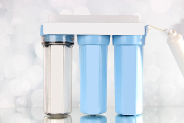 Filter system for water treatment on bright background