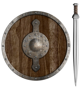 medieval wooden shield and sword isolated on white