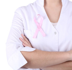 Doctor  with ribbon formed Aids symbol, close-up, isolated