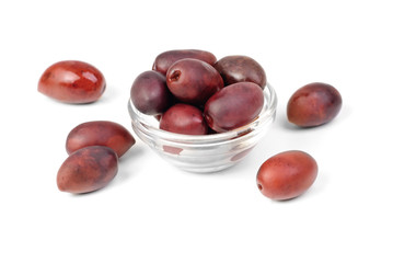 Kalamata olives in bowl isolated on white background