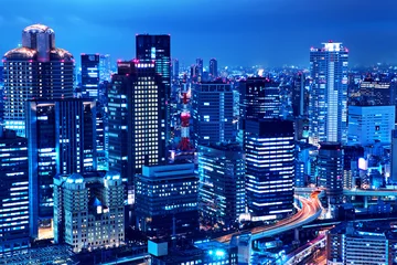Poster Skyline van Osaka bij nacht © leungchopan