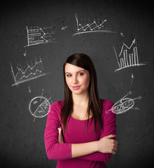 Young woman thinking with charts circulation around her head