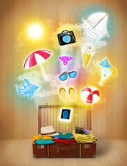Tourist bag with colorful summer icons and symbols