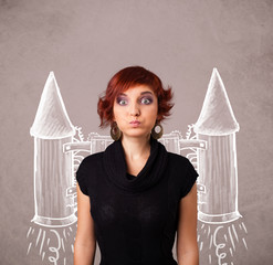 Cute girl with jet pack rocket drawing illustration