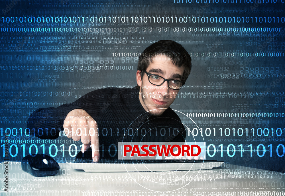 Poster young geek hacker stealing password