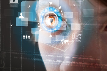 Future woman with cyber technology eye panel concept