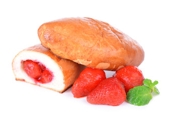 Fresh baked pasties with strawberries isolated on white