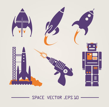 Vector space items. Rocket, robot, lasergun