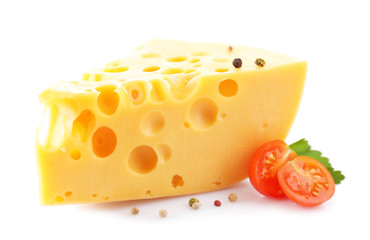 Piece of cheese and tomatoes, isolated on white