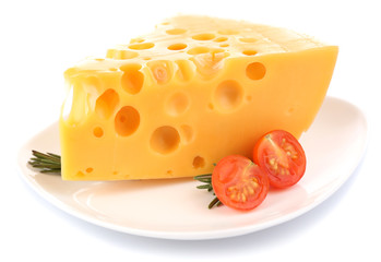 Piece of cheese with tomato and rosemary