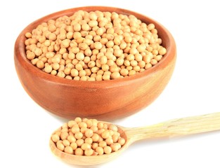 Raw soybeans in bowl isolated on white