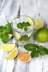 Ingredients for lemonade on wooden table
