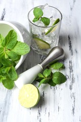 Ingredients for lemonade on wooden table