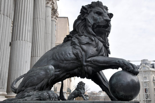 Lion statues at the entrance of the Spanish Parliament, Madrid