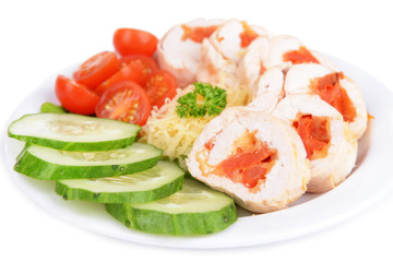 Delicious chicken roll on plate isolated on white