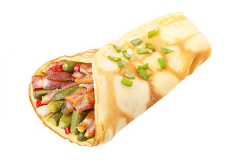 Crepe stuffed with bacon and tiny pickles