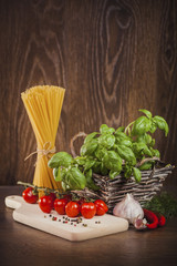 Raw products on italian spaghetti