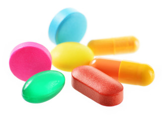 Composition with drug pills isolated on white background