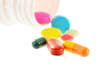 Composition with drug pills isolated on white background