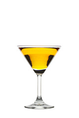 Yellow water in wine glass of isolated.