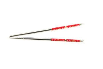 Stainless steel chopsticks with red pattern.