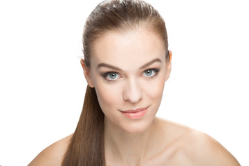 Obraz premium Portrait of a smiling woman with clean skin, isolated on white