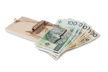 Mouse trap with Polish zloty, isolated with clipping path