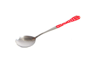 Stainless steel spoon with red pattern.