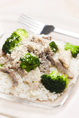 pork meat with broccoli and rice