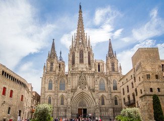 Facade of Barcelona gothic cathedral, in Spain