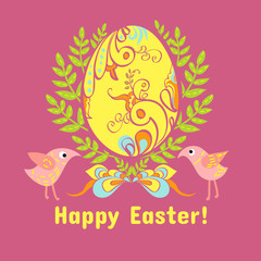 Easter card with eggs, flowers and birds
