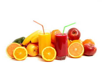  Pile of fruits,two glasses of fresh orange and beet apple juice