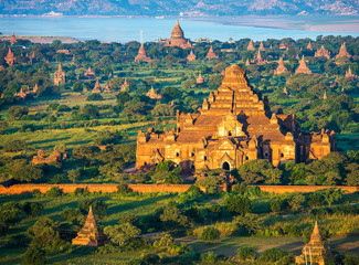 Ancient pagodas in Bagan with altitude balloon Myanmar - obrazy, fototapety, plakaty