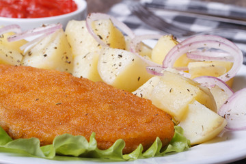 Schnitzel with young boiled potatoes horizontal. macro