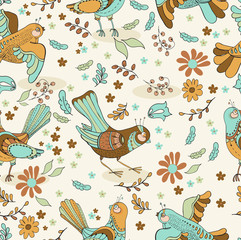 Natural floral Seamless background with birds
