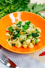 orecchiette pasta with broccoli rabe, turnip tops