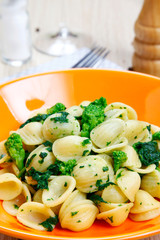 orecchiette pasta with broccoli rabe, turnip tops