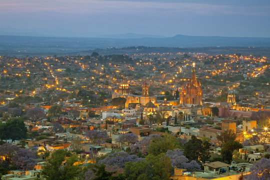 Aerial View of San Miguel de Allende in Mexico After Sunset